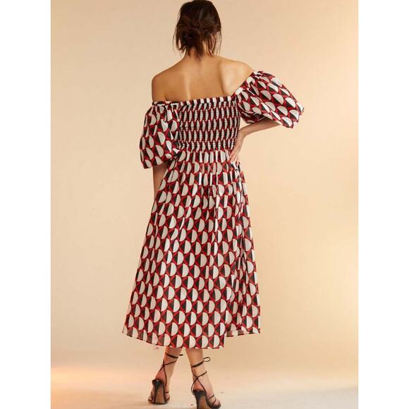 Cynthia Rowley Caprice Midi Dress Off The Shoulder Puff Sleeve Smocked Geometric - Picture 6 of 15